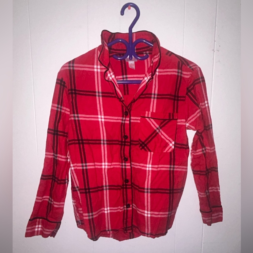 Women’s small Red Plaid Pajama set. Collared shirt with pocket and pants.